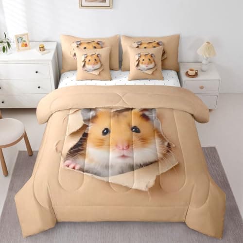 Erosebridal Hamster 7 Pcs Comforter Set Queen Size Brown Mouse Bedding Set 3D Cute Animal Sheets Bed in A Bag Kawaii Pet Bedroom Decor Warm Soft Quilt Set for Kids Boys Girls Teens