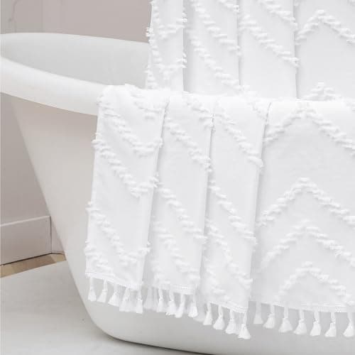 OWENIE Boho Shower Curtain, White Fabric Cloth Shower Curtains Farmhouse Tufted Chevron Striped Textured with Tassel for Bathroom, Soft Hotel Style Modern Minimalist, Machine Washable, 72x72, White