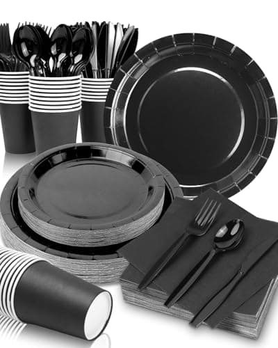 Lzerking Black Party Supplies Set 224 Pieces of Black Paper Plates, Cups, Napkins, and Heavy Duty Plastic Spoons Forks Knives for 32 Guests for Birthday, Graduation, Wedding, Festivals