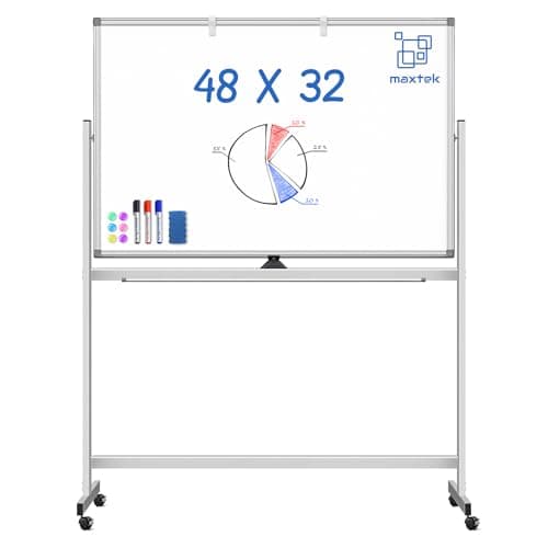 Large Rolling White Board, 48x32 in White Board on Wheels, maxtek Double-Sided Magnetic Mobile Whiteboard with Stand School Supplies for Classroom Office and Home, Sliver