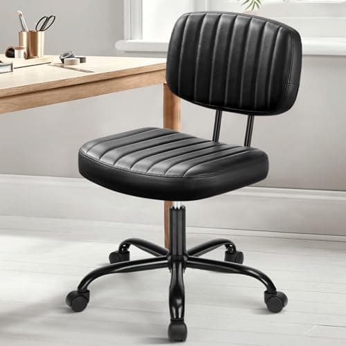 DUMOS Small Armless Home Desk Chair with Low Back Lumbar Support, Height Adjustable PU Leather Computer Task Chair with 360° Swivel Wheels, for Small Space, Kids and Adults, New Black