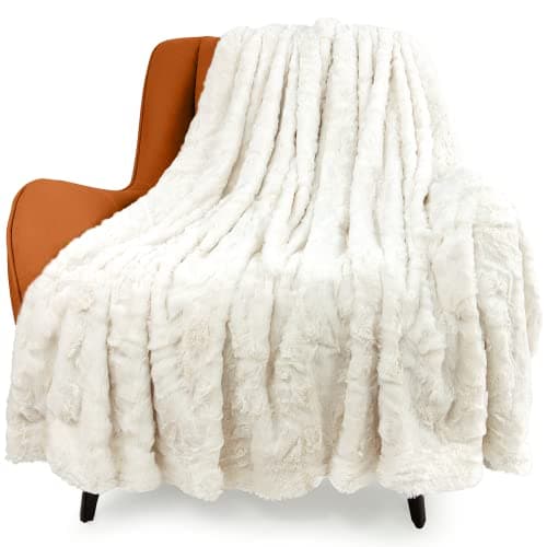 TOONOW Faux Fur Luxury Throw Blanket,Double Side Soft Fluffy Shaggy Fuzzy Blanket for Couch Sofa Bed (Cream, Throw)