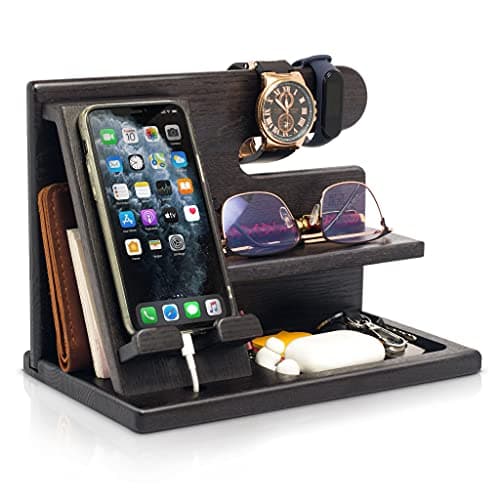 TESLYAR Wood Phone Docking Station for Men - Desktop or Nightstand Organizer - Birthday Gifts for Men, Dad - Anniversary Idea from Wife - Key Holder, Stand Wallet, Watch & Essentials (Fumed Black)