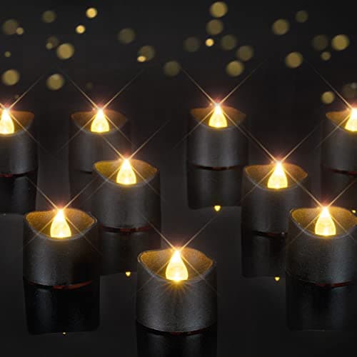 Homemory Black Tea Lights Candles Battery Operated, 200+Hour Flameless Flickering Fake Electric LED Colored Tealights Candles for Halloween, Theme Party, Wedding Table Decor, Holiday Decor, 12-Pack