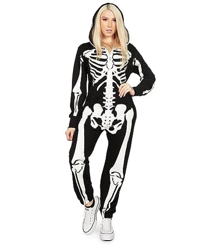 Tipsy Elves Halloween Skeleton Costume for Women - Comfy Easy Adult Onesie Jumpsuit - Front and Back Print with Zip Up Mask - Women's White Skeleton Jumpsuit Halloween Costume Size Medium