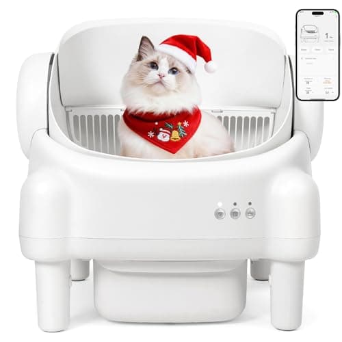 Self Cleaning Litter Box,Open Top Automatic Litter Box with App Control for Multiple Cats, Safety Sensors Protection, Odor Control Includes 2 roll Liners,Large Waste Bin, Cream White