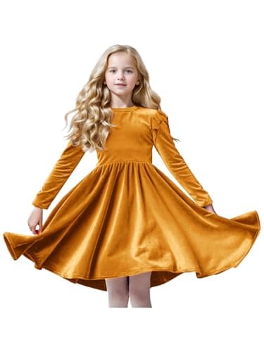 Seiciviy Girls Velvet Dress Ruffled Long Sleeve Casual Spring Fall Dress Princess Christmas Party Dress Winter Outfits Gold