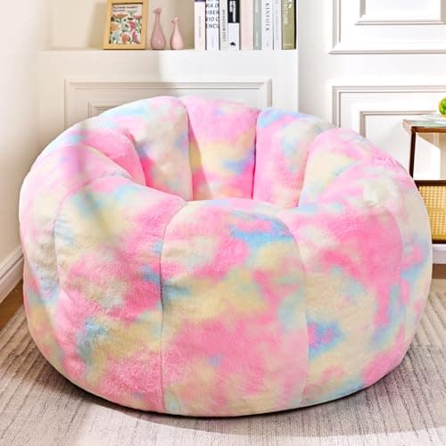 LinkRomat Giant Bean Bag Chair, Faux Fur Adults Beanbag with Petal Armrest Oversize Colorful Chair for Teens Bedroom, Living Room, Dorm, Game - Rainbow, X-Large, High Support