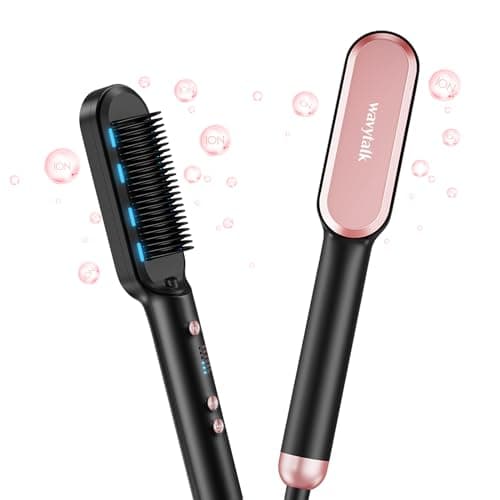 Wavytalk Hair Straightener Brush, Ionic Hair Straightening Brush with 6 Temperature Adjust, Anti-Scald Ceramic Hair Straightener Comb Fast Heating for Home Salon, Dual Voltage, Rose Gold.