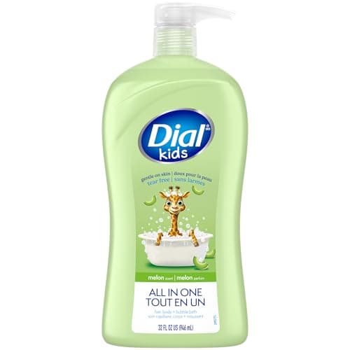 Dial Kids All-in-1 Body Wash + Hair + Bubble Bath, Melon Scent, 32 Fl Oz, Hypoallergenic Body Wash & Shampoo, No Tears Formula for Kids 2+ Years, No Parabens & Silicones