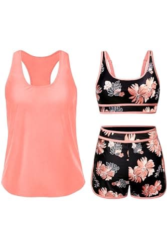 Daci Orange Floral 3 Piece Tankini Swimsuits for Women - Tummy Control Athletic Bathing Suit Sport Bra Modest 2 Pockets Boyshorts 2025 M