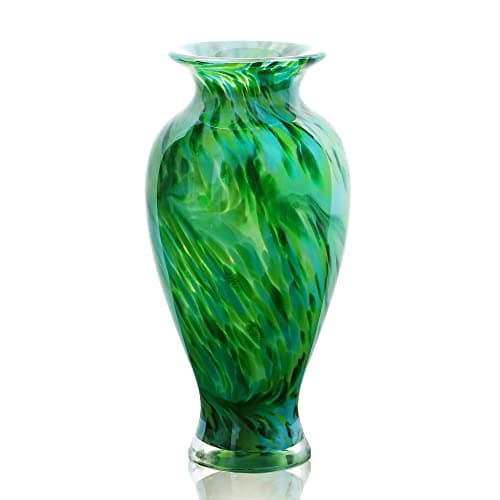 Hand Blown Green Classic Vase for Home Decor, 11.5Inch Glass Flower Vase for Shelf Decor, Living Room Decor, Centerpieces, Unique Gift for Her Mom Sister Friends