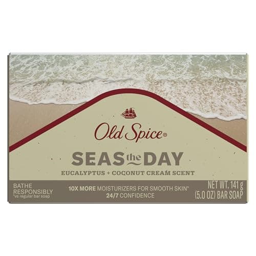 Old Spice Men's Bar Soap, Seas The Day Eucalyptus and Coconut Cream Scent, 10x More Moisturizers for Smooth Skin with Mild Exfoliators & Plant Based Cleansers, 5.0 oz