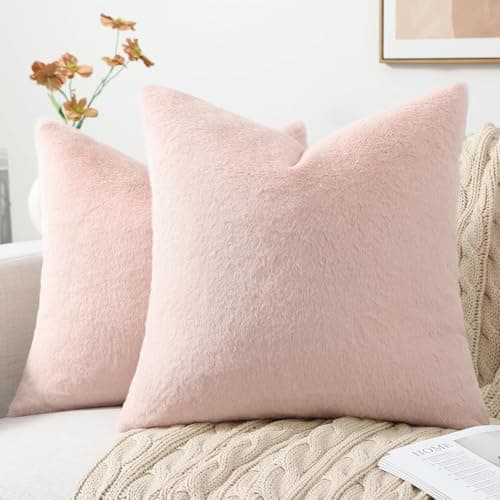 Pallene Faux Fur Plush Throw Pillow Covers 18x18 Set of 2, Luxury Soft Fluffy Cozy Decorative Pillow Covers for Sofa, Couch, Living Room, Blush Pink