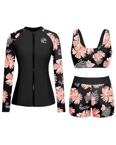 Holipick Orange Floral Women 3 Piece Rash Guard with Built in Bra Long Sleeve Swimsuit with Shorts Zipper SPF Swim Shirts M