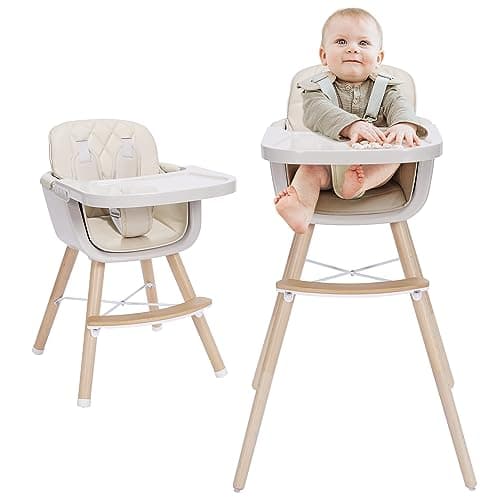 Mallify 3-in-1 Wooden High Chair, Convertible High Chairs for Babies and Toddlers, Baby Highchair with Adjustable Legs & Dishwasher-Safe Tray, Sleek Hardwood & Premium PU Cushion, Beige