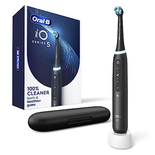 Oral-B iO Series 5 Rechargeable Electric Toothbrush with Visible Pressure Sensor to Protect Gums, 2 Minute Timer, 5 Cleaning Settings, 1 Replacement Toothbrush Heads, and Travel Case, Black