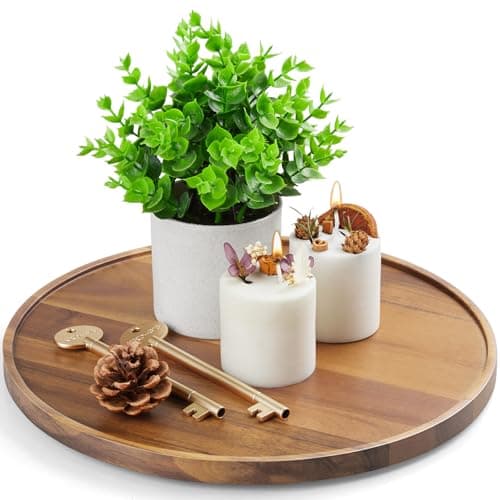 12 Inch Acacia Wood Round Tray, Wooden Decorative Serving Coffee Table Tray Centerpiece Candle Holder for Farmhouse Kitchen Dining Room Home Decor Coffee Table Decor and Accessories