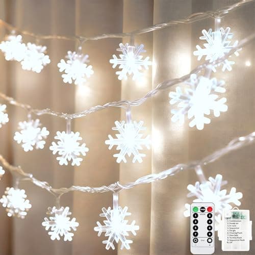 colcutee Christmas Snowflake Lights, 20ft 40LED 8 Modes & Timer Battery Operated Fairy Lights for Indoor/Outdoor Holiday Party Decorations (White)