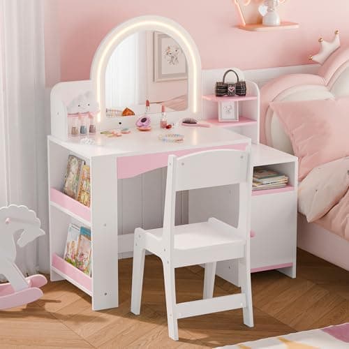 MU Kids Vanity with Lights, Princess Makeup Vanity Desk with Open Bookshelf, Storage Cabinet & Shelves, 2 in 1 Toddler Vanity Table & Chair Set with Lighted Mirror for Little Girls (White)