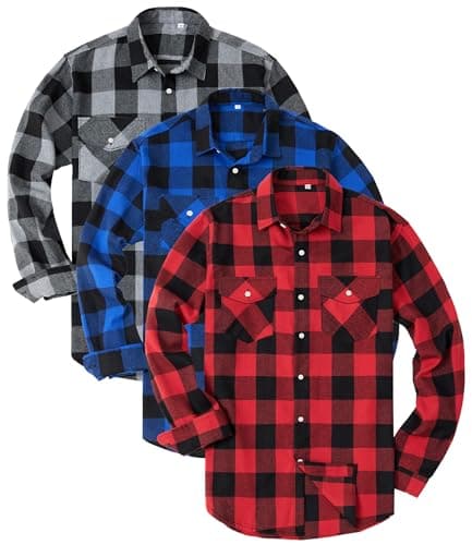 Kinglaman 3 Pack Mens Flannel Shirt Long Sleeve Plaid Shirts Casual Button Down Buffalo Plaid Checkered Cotton Jacket 1 Black-red 1 Black-blue 1 Black-gray Large