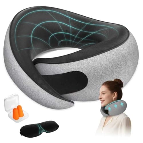 FIOGIKO Travel Neck Pillows for Airplanes - 360° Ergonomic Memory Foam Travel Pillow - Relief Neck Pain with Breathable Support for Long Flights, Car, Train & Office Use - Adults & Kids (Gray)