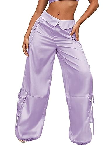 RAISECOM Satin Cargo Pants for Women Lapel Waist Parachute Pants Casual Straight Pants with Flap Pockets Pale Purple