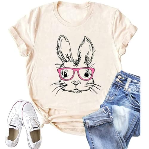 Funny Bunny Print T Shirt for Women Cute Graphic Easter Shirts Family Colorful Spring Tops Casual Tee(EA-203OW,Large)