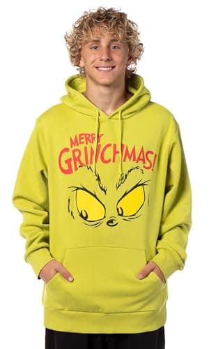 Dr Seuss Grinch Adult Merry Grinchmas Large Glaring Eyes Men's Graphic Print Hoodie Pullover Sweater (Large) Green