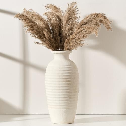 Vaseking Ceramic Natural Rustic Vase, Large Vintage Flower Vase, 14.4 Inch Threaded Decorative Vase, Farmhouse Tall Vase for Home Decor, Living Room, Shelf Decor, Wedding Housewarming Gift, Off-White