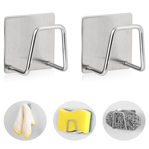 Luckyiren 2-Pack Stainless Steel Sponge Holder for Kitchen Sink - Rustproof Brushed SUS304 Sponge Caddy Organizer, Wall/Surface Mount, Drainage Design, Clutter-Free Storage
