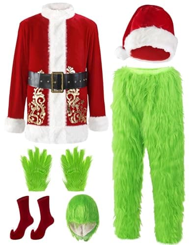 Frojuly Christmas Costume for Men Adult Green Furry Monster 7PCS Deluxe Santa Suit Set Xmas Cosplay Outfit Halloween M