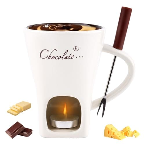 Chocolate Fondue Mug with Fork, Sweet Melting Cup with Tealights for Chocolate Cheese & Desserts Ceramic Fondue Pot Set Ideal Gift for Date Nights Birthdays Anniversary Weddings (White)