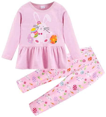 zarmfly Girls Easter Outfit Bunny Long Sleeve Rabbit Sweatshirt Pink Leggings Toddler Spring Pant Sets Kids Easter Eggs Clothes 5-6 Years