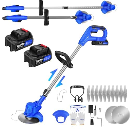 Cordless Strimmer, Electric Weed Wacker, Grass Strimmer, Metal Blade Strimmer with 21V 2X 1.5Ah Battery Fast Charger, 10 x Metal Blades & 2X Circular Saw Blade for Garden Clearing Weeds