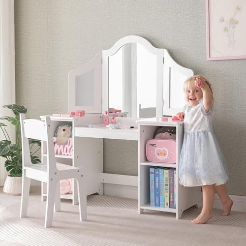 Kovhzcu 2 in 1 Kids Princess Vanity Storage Cabinet with Detachable Top, Tri-fold Mirror, Kids Vanity for Girls Age 3-9 (White with Chair)