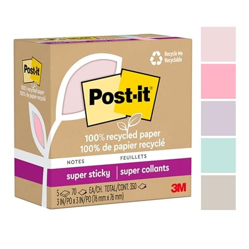 Post-it 100% Recycled Paper Super Sticky Notes 2X The Sticking Power 3x3 in 5 Pads 70 Sheets/Pad Wanderlust Pastels Collection (654R-5SSNRP)