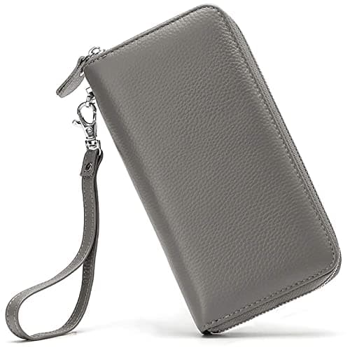 Moflycom Womens Wallet RFID Blocking Genuine Leather Zip Around Wallet Clutch Wristlet Travel Long Purse for Women Grey