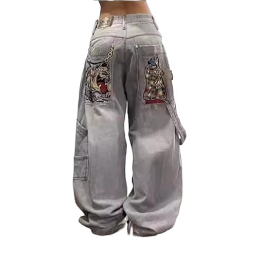 Unisex Y2K Hip Hop Street Jeans Skeleton Printed Gothic Baggy Jeans Vintage High Waist Denim Jeans Wide Leg Pants (Beige,M,Medium)