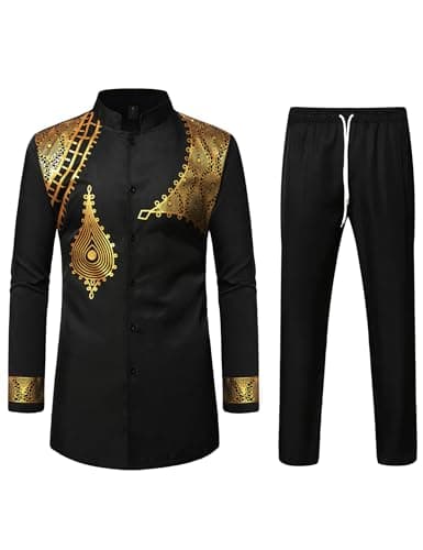 ZEROYAA Men's Traditional Suit Long Sleeve Button up African Foil Stamping Dashiki Shirt and Pants Ethnic 2 Piece Outfit Black Gold Medium