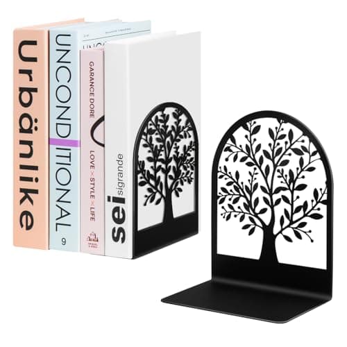 Umikk Book Ends, Metal Bookend, Tree of Life Bookend for Shelves, Home Decorative Bookends for Heavy Books, Black Non-Skid Book Stopper, 7 x 5.5 x 3.5 inch (1 Pair)