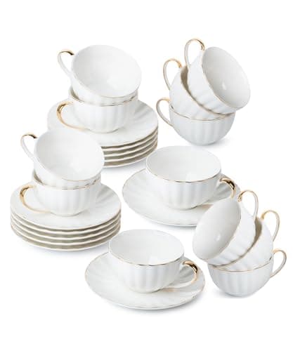 BTaT- White Tea Cups and Saucers, 7oz, Tea Cups Set of 12, Porcelain Tea Cups, White Cup & Saucer Sets, White Tea Cup Set of 12, Tea Cup Sets, Bulk Tea Cups and Saucers Set of 12, Tea Cups and Sets