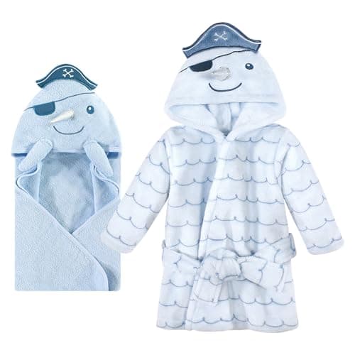 Hudson Baby Unisex Baby Cotton Animal Face Hooded Towel and Plush Bathrobe Bundle Set, Narwhal, 0-9 Months