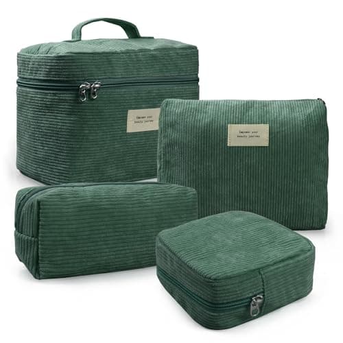 LVWNM 4 Pcs Makeup Bag for Women Corduroy Cosmetic Bag Aesthetic Cute Bags Multi Size Purse Pouch Travel Toiletry Bag Set Makeup Organizer with Zipper(Green)