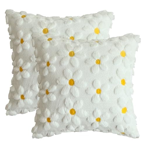 AVOIN colorlife Spring Summer Cream White Daisy Throw Pillow Covers Set of 2, 18 x 18 Inch Seasonal Holiday Farmhouse Decor Yellow Flower Heart Soft Plush Faux Fur Jacquard Cushion Case for Home Sofa