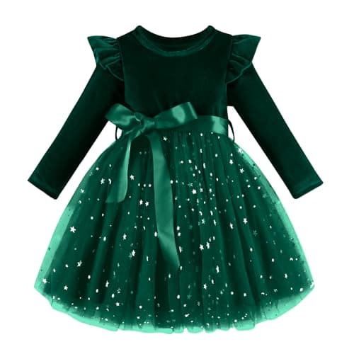 Dalukit Toddler Baby Girl Christmas Dress for Girls Long Sleeve Dress Girls Velvet Dress Girls Tutu Winter Party Dress Green