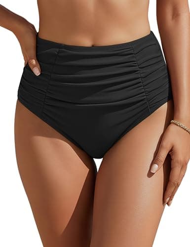 Blooming Jelly Womens High Waisted Bikini Bottoms Tummy Control Swim Bottom Ruched Full Coverage Retro Swimwear(Black,Medium)