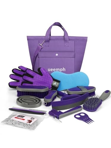 Ueemph Horse Grooming Kit (12-Piece): Brushes, Storage Bag, Sweat Scraper, Mane Comb, Grooming Gloves - Purple Horse Gifts for Girls