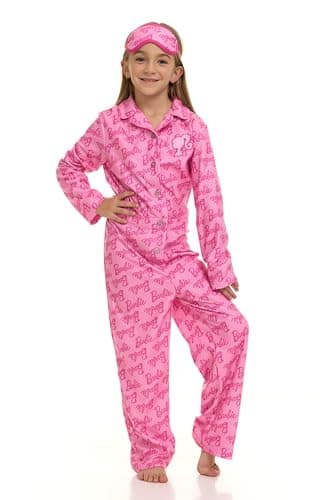 Barbie Little Girls Fleece Pajama Coverall and Sleep Mask PJs Set Logo Pink 7-8