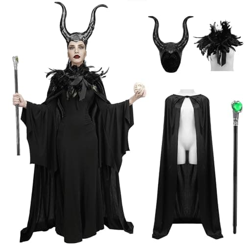 Lyxaof Evil Queen Costume Women Magic Witch Black Gown Halloween Cosplay Costume Raven Cape with Horn Staff Feather Shawl